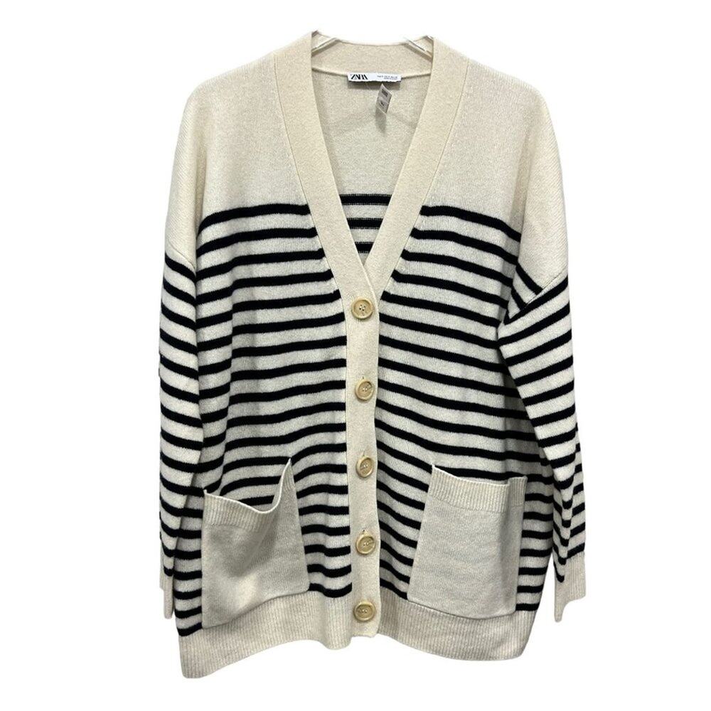 Zara Size S Oversized Cardigan Sweater Wool Striped‎ Creme Navy Button Down